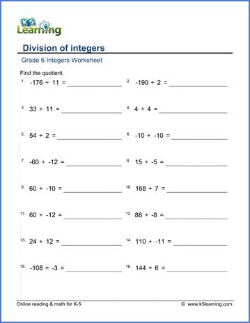 grade  integers worksheets division  integers  learning