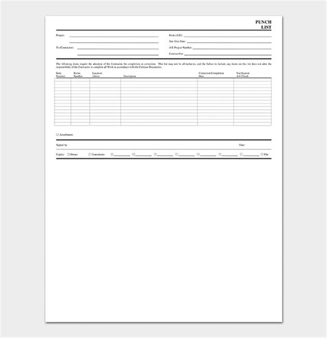 punch list template  word excel  format