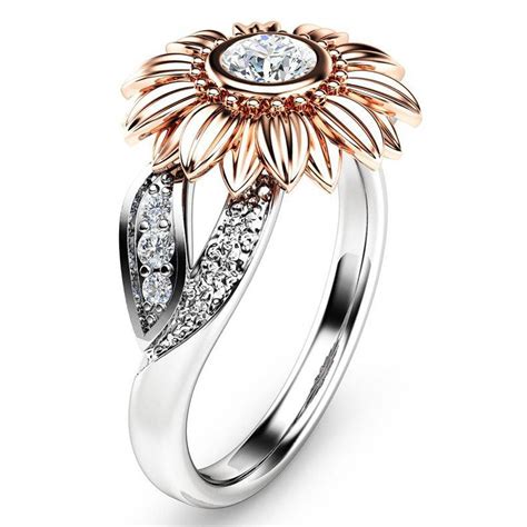 2019 exquisite crystal rose gold sunflower rings silver color cubic