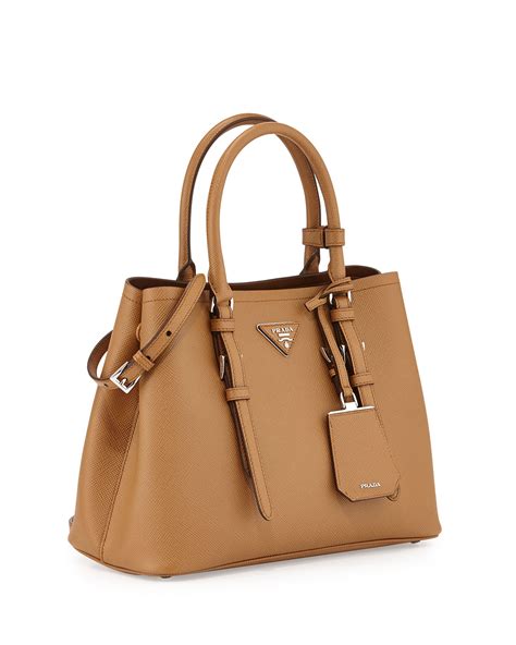 prada saffiano cuir covered strap double bag  brown lyst