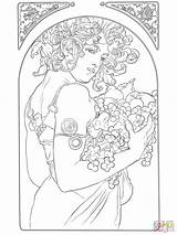 Mucha Coloring Alphonse Pages Fruit Nouveau Printable Spring Mermaid Supercoloring Drawing Book Illustration Adult Nature Adults sketch template