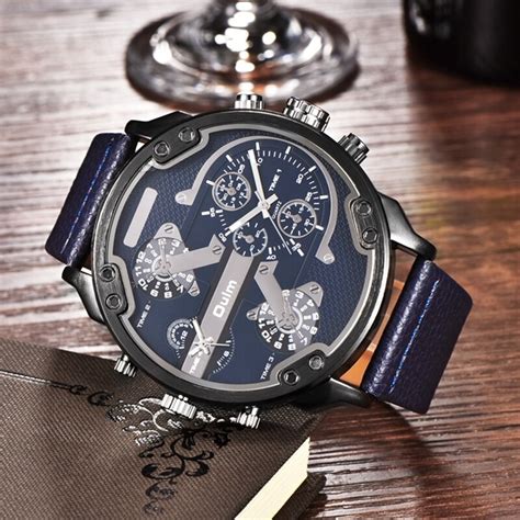 Oulm Men Top Brand Luxury Japan Movt Quartz Watch 2 Time Zone Casual