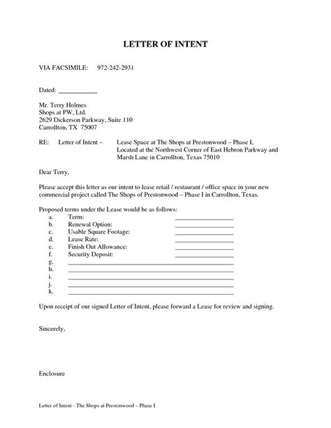 letter  intent  lease commercial property template examples