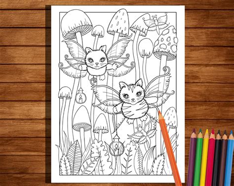 fairies coloring page cat colouring page adult coloring etsy