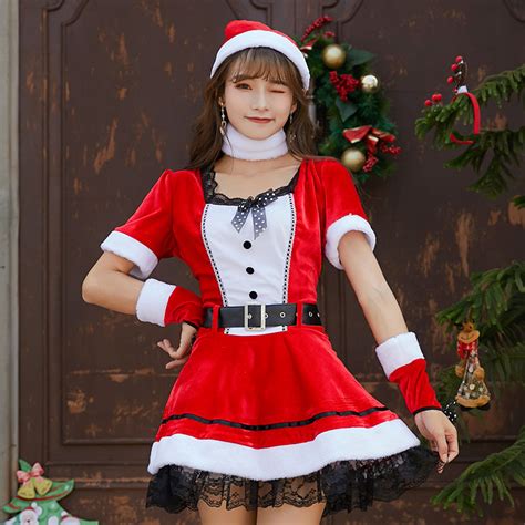 5pcs Classic Red And White Santa Girl Short Sleeve Lace Mini Dress