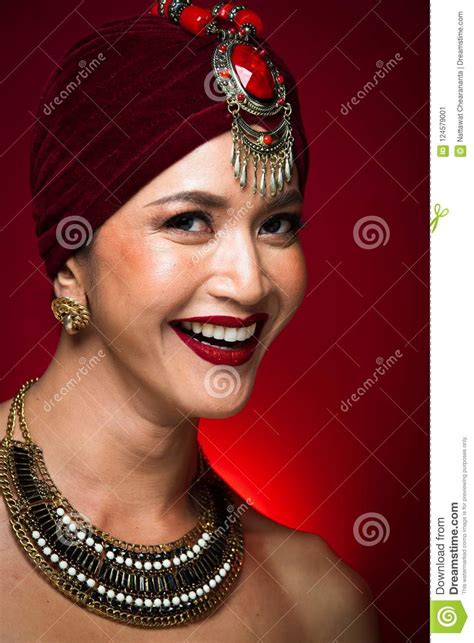 Asian Tanned Skin Woman With Strong Color Red Lips Stock