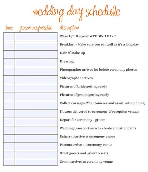 wedding schedule templates samples   psd