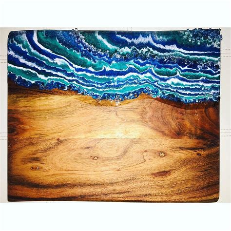 wooden board  blue  green waves