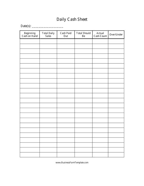 daily cash sheet template big table  printable