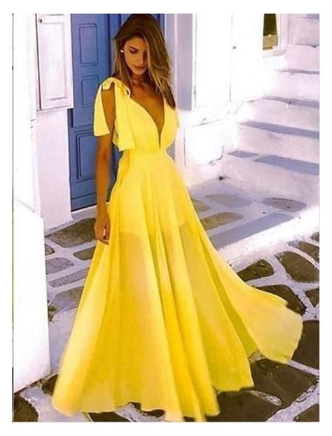 Elegant Evening Dress 2019 Yellow A Line Sexy Chiffon