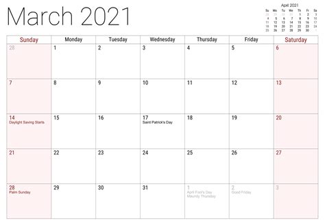 March 2021 Calendar Excel Template Printable One
