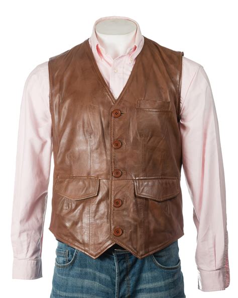 Men S Tan Button Up Leather Waistcoat Leather Shop