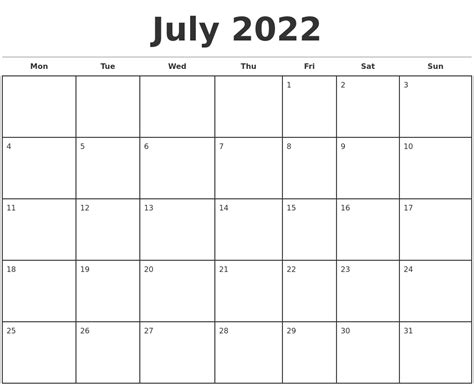 july  monthly calendar template