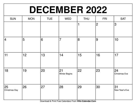 printable december  calendar templates  holidays wiki