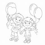 Balloons Coloring Outline Girls Cartoon Holding Children Kids Background sketch template