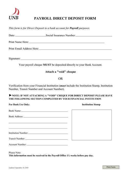printable direct deposit form template