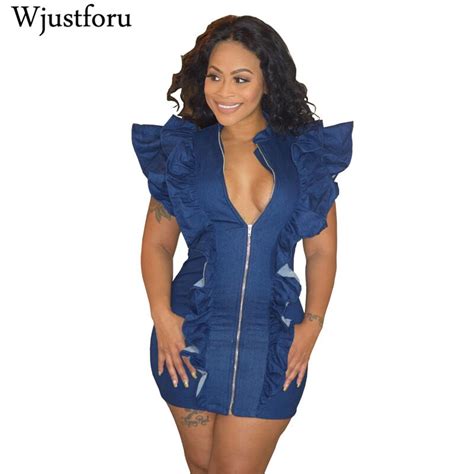 wjustforu casula ruffle denim dress women pure color zipper denim mini