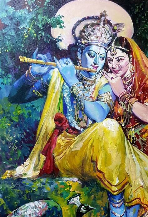 subrata gangopadhayay krishna and radha romance acrylic on canvas