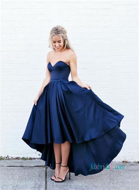 Pd18012 Sexy Strapless High Low Prom Dress In Navy Blue