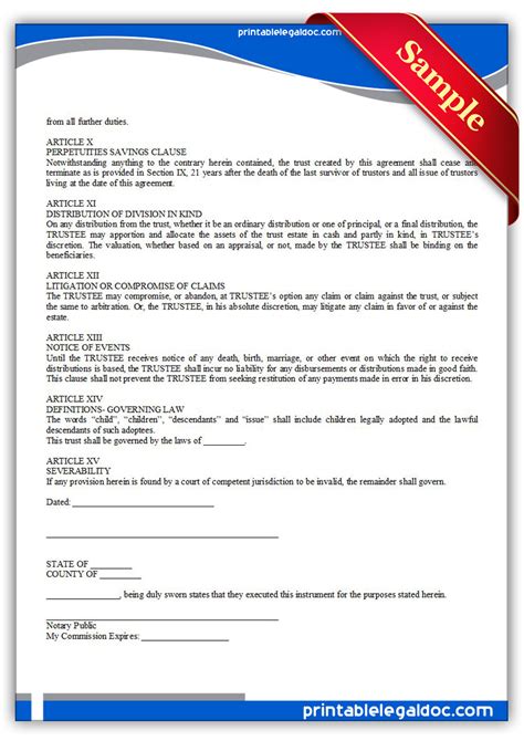 printable revocable trust form generic