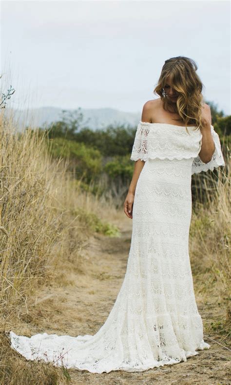 1970s inspired crochet lace off the shoulder wedding dress