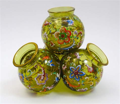 Unusual Moser Pale Olive Glass Enamelled Vase