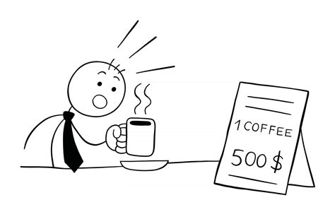 stickman businessman character drinks coffee   shocked    expensive price
