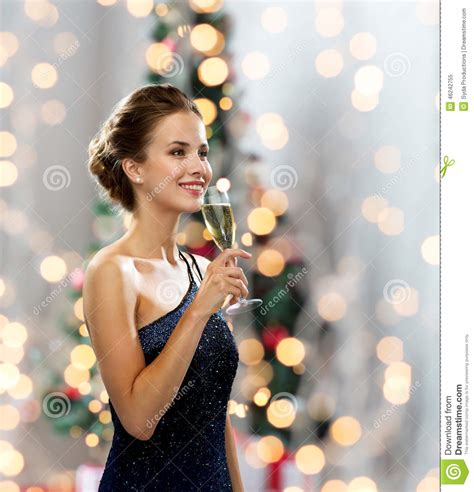 Smiling Woman Holding Glass Of Sparkling Wine Stock Image Image Of