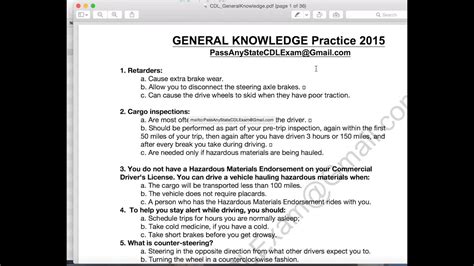 general knowledge cdl test questions  answers printable printable