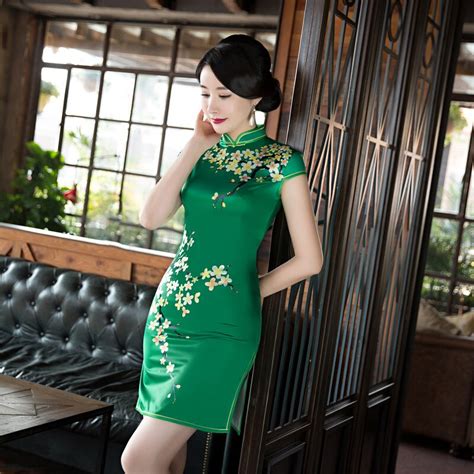 new short cheongsam green qipao chinese traditional dress robe oriental