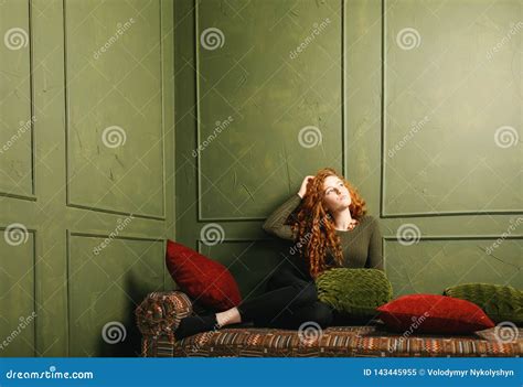 Redhead Girl Relaxing At The Sofa Stock Image Image Of Model