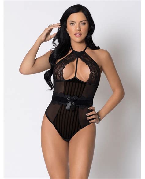 halter striped mesh and lace teddy w underwire lace velvet waistband