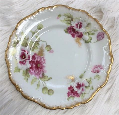 limoges france plate gold trim rose dish collectible flower pink