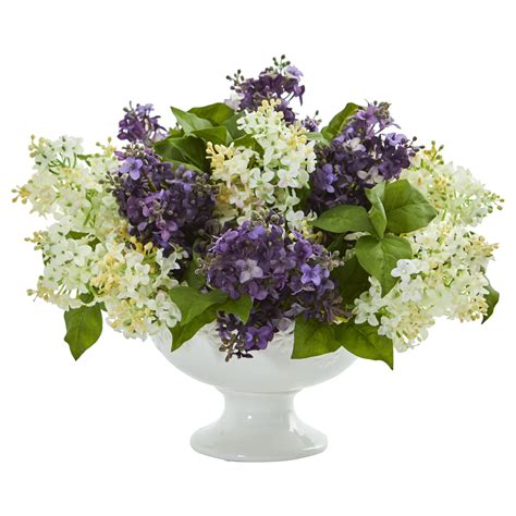 Artificial 14 Lilac Flowers Floral Arrangement In White Pedestal