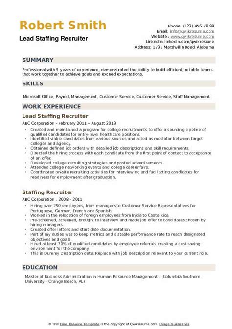Staffing Recruiter Resume Samples | QwikResume