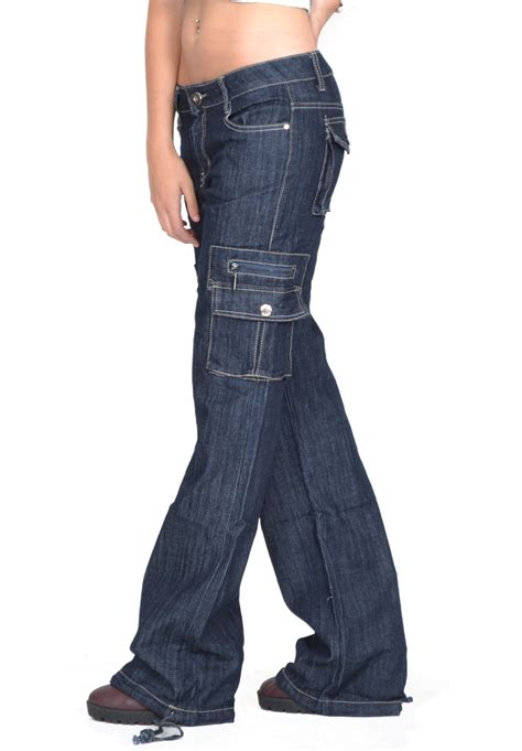 womens ladies dark wash wide loose denim cargo jeans combat pants
