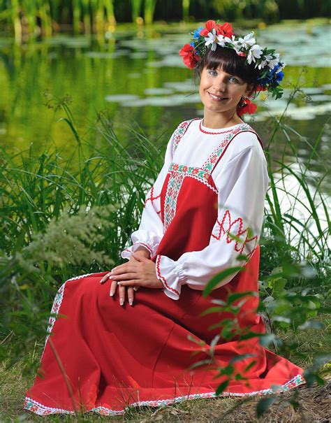 Russian National Costume Sarafan Red Long Dress White