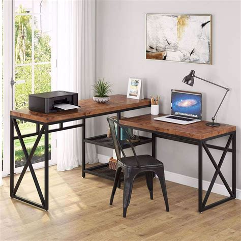 tribesigns solid wood  shaped desk industrial sit standing  desk