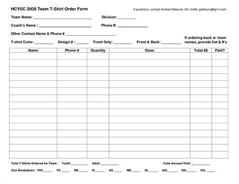printable downloadable  shirt order form template