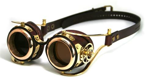 steampunk goggles brown leather polished brass gear flex solid frames