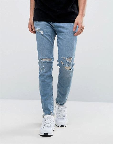 bershka skinny jeans  mid wash  distressing blue slim jeans ripped jeans skinny jeans