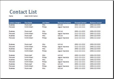 contact list sample contact list template  options  categorization