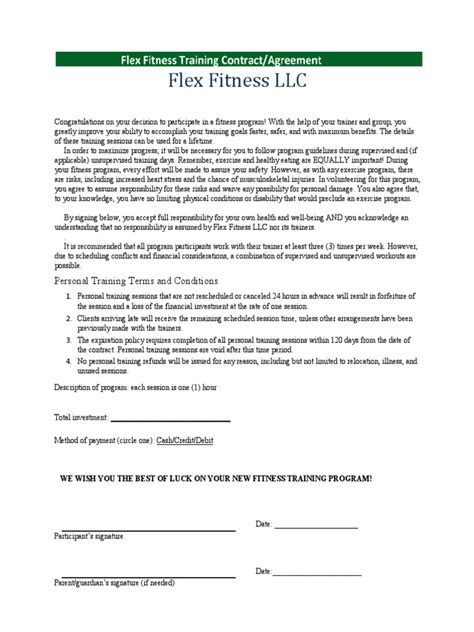 personal training contract agreement docx physical fitness physical exercise