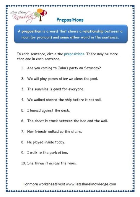 grade  grammar topic  prepositions worksheets preposition