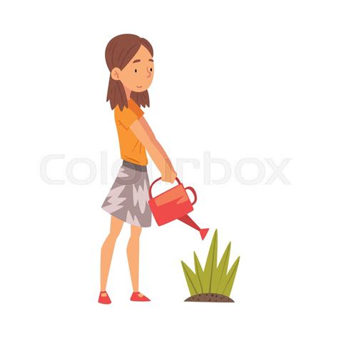 Cute Girl Watering Plants In The Stock Vector Colourbox
