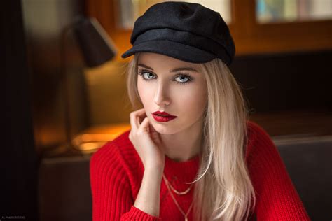 Women Blonde Portrait Lods Franck Red Lipstick Red Sweater Cassandre