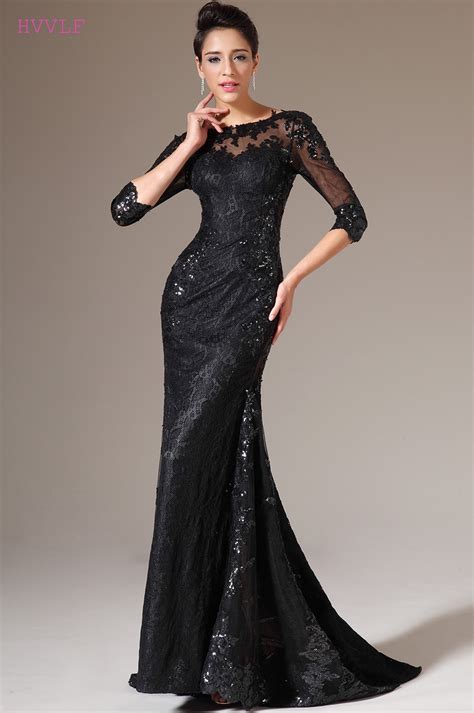 Black Evening Dresses Mermaid 3 4 Sleeves Sequins Lace See Through