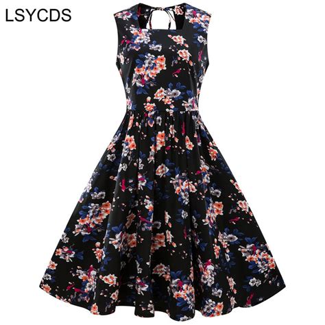 Lsycds Women Summer Printing Dress Audrey Hepburn Robe Retro Casual