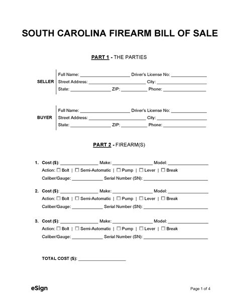 south carolina firearm bill  sale form  word