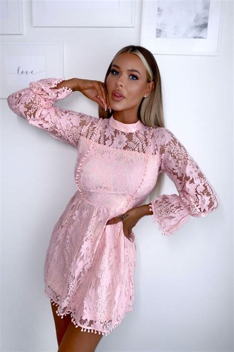 Pink Lace High Neck Balloon Sleeve Mini Dress Clothing